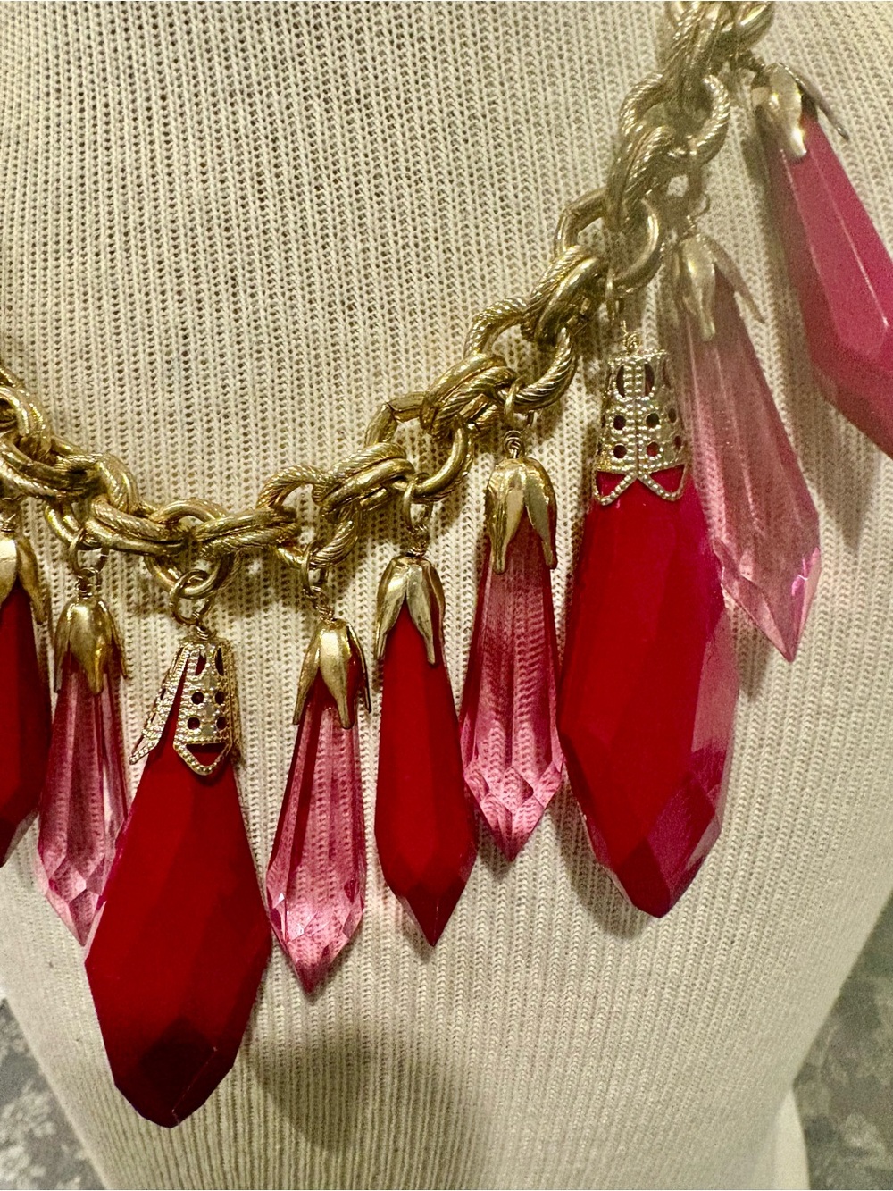 Gold Chain Statement Necklace with Fuchsia and Light Pink Crystal Drops - Picture 7 of 14